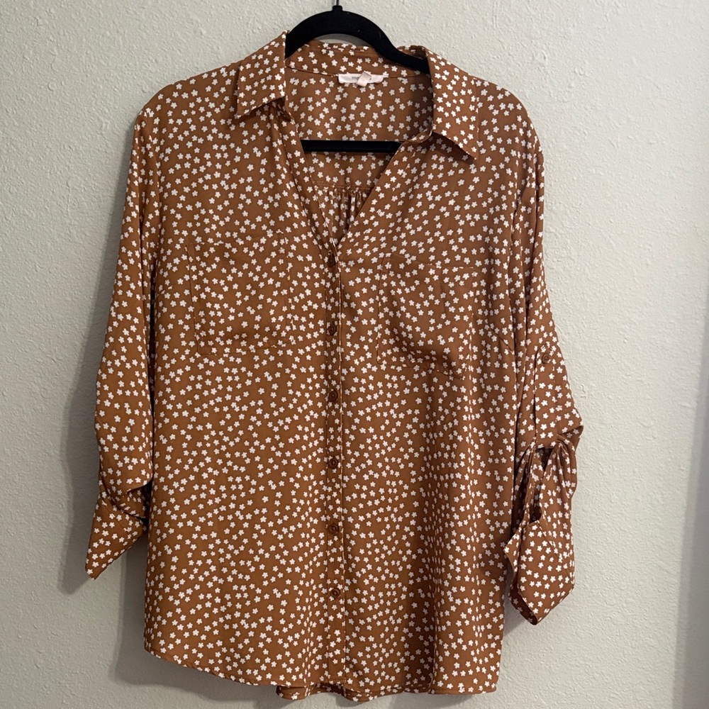 Maurices Caramel Floral Button Up Roll Tab Sleeve Blouse